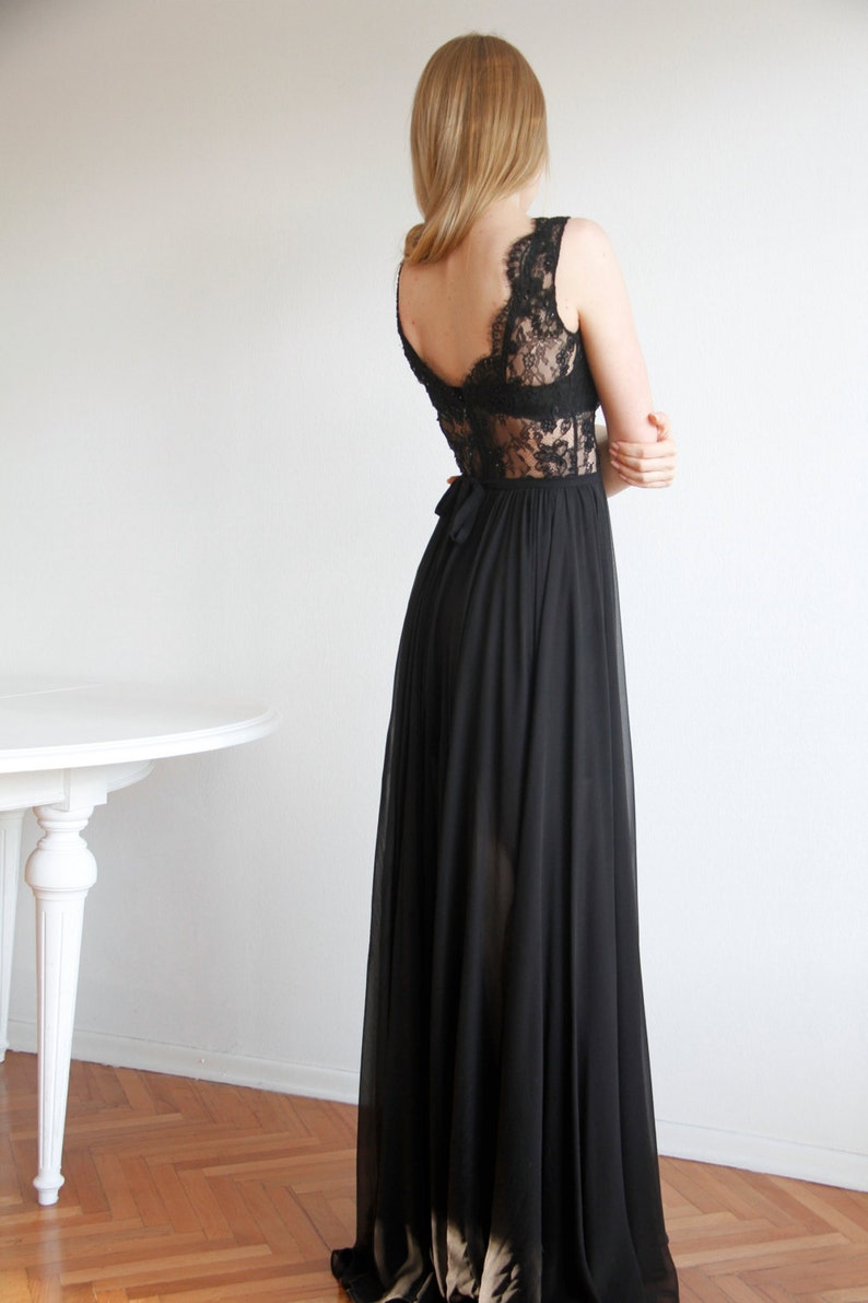 Handmade Romantic Midnight Dress Maxi Dress Lace Maxi Backless Dress Open Back Dress Chiffon Dress Evening Gown Black Dress image 2