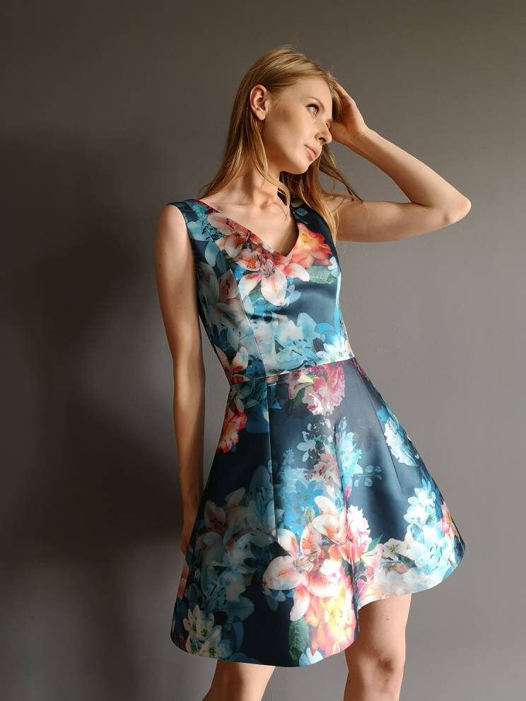 blue satin floral dress