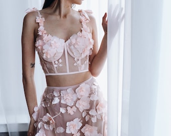 Blush Peony 3d floral corset ant maxi skirt set Wedding Bridal Boho Blush Dress Lace Gown
