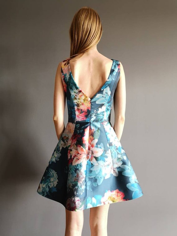 blue floral satin dress