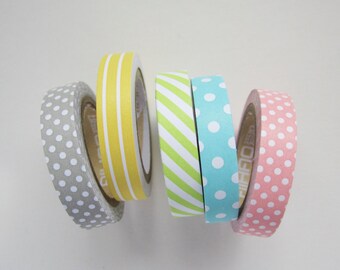 pack of 5 stripe and spot paper tape masking tapes - grey, yellow, green, blue, pink - 8mm