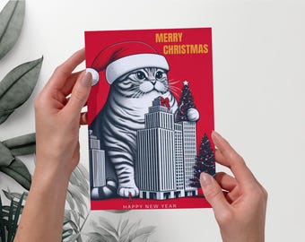 Minimal Christmas Card with Cats, Modern Holiday Greeting, Printable Festive Design, Instant Digital Download PDF PNG Wall Art Gift File Set