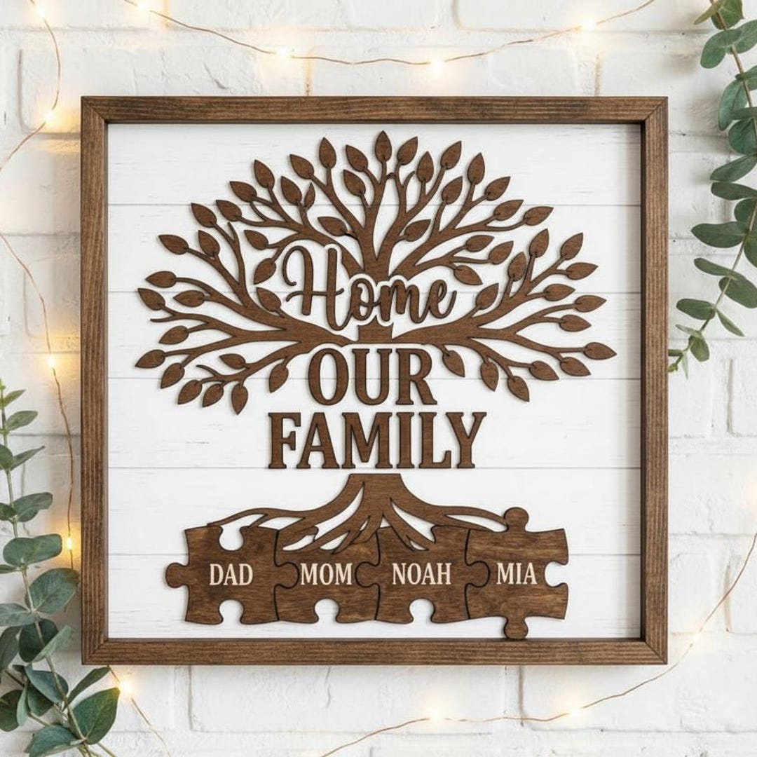 Personalized Family Tree Sign, Custom Wood Puzzle Wall Art, Names ...
