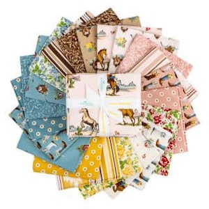 May include: A fabric bundle featuring a variety of square cotton swatches arranged in a circular fan pattern. The collection includes prints of horses, cowboy boots, floral patterns, stripes, and polka dots in shades of blue, yellow, pink, and brown.