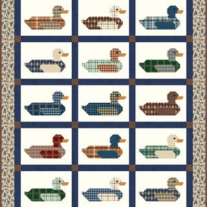 May include: A patchwork quilt featuring a repeating pattern of stylized ducks. Each duck is composed of various plaid and patterned fabrics in shades of brown, blue, green, and red. The quilt has a white background with a blue border.
