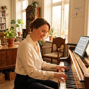 Può includere: Una donna suona il pianoforte in una stanza luminosa. Il pianoforte è in legno e ha tasti bianchi e neri. Il testo "Lovely Piece, Simple to Play" è nella parte superiore dell'immagine. Un tablet mostra spartiti sul pianoforte.