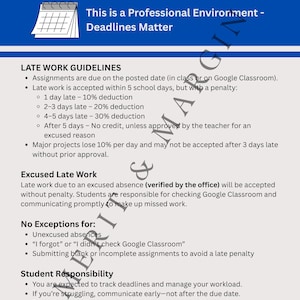 Könnte beinhalten: Ein blauer Poster mit dem Titel „LATE WORK POLICY“ mit Richtlinien für Aufgaben, einschließlich Abzügen für verspätete Einreichungen. Es betont Fristen und die Verantwortung der Schüler, mit dem Text „Deadlines Matter“.