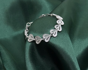 Handmade 925 Sterling Silver Filigree Bracelet with Delicate Heart Motifs
