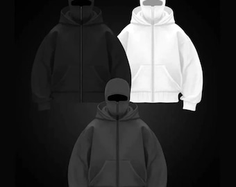 Zwarte bivakmuts hoodie: Streetwear Ninja Mask fleece hoodie met volledige ritssluiting