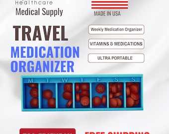 Organizador de medicamentos de viaje, pastillero semanal para vitaminas y medicamentos, compacto y compatible con la TSA. Fabricado en EE. UU.