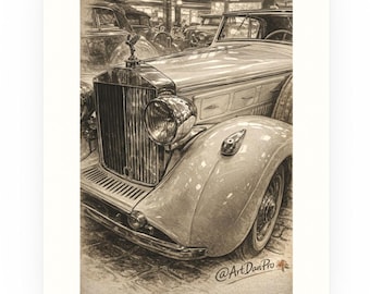 Rolls-Royce de la época dorada: Impresión artística de un coche de lujo retro / Boceto de un coche vintage / ArtDanPro