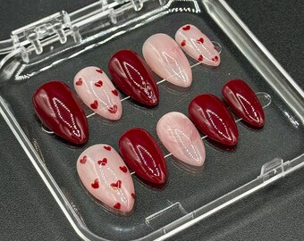 Uñas postizas con forma de corazón de San Valentín / Uñas de gelatina rojas y rosas / Set personalizado hecho a mano