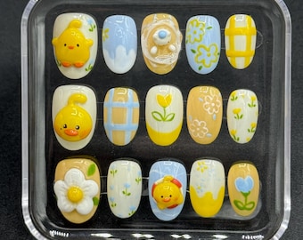 Uñas postizas de pato 3D / Arte de uñas con personajes hechos a mano / Juego de uñas en amarillo pastel y azul