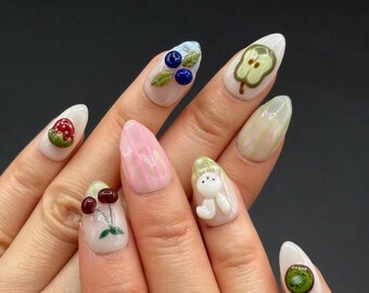 Uñas postizas Fruit Garden / Uñas postizas hechas a mano con diseño de frutas 3D / Juego de almendras verdes suaves