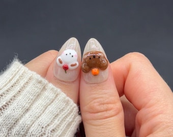 Juego de uñas postizas 3D de osito de peluche / Diseño de suéter marrón acogedor / Uñas almendradas hechas a mano