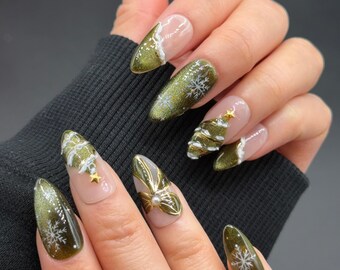 Uñas postizas Evergreen Glow / Uñas postizas verdes / Set de uñas postizas navideñas / Uñas navideñas y de Año Nuevo
