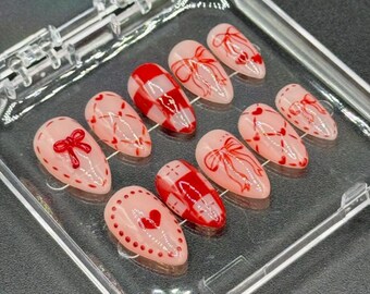 Juego de uñas con corazón 3D de lazo rojo / Uñas postizas de San Valentín / Forma de almendra hecha a mano
