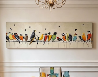 Kleurrijke vogels op een draad olieverfschilderij, grote panoramische vogel kunst aan de muur, grillige moderne dieren canvas, Franse landelijke slaapkamer decor