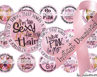 Breast Cancer Awareness 1 inch circle Tags, Group 3 Stickers, Bottle cap Tops
