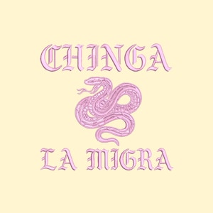 Puede incluir: Un fondo amarillo claro con las palabras "CHINGA LA MIGRA" en letras góticas rosas. Una ilustración de una serpiente rosa está centrada entre las palabras. La serpiente está enrollada y detallada.