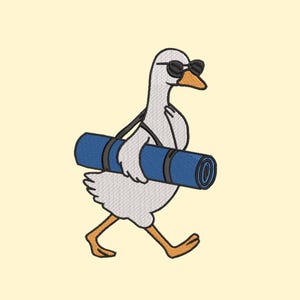 May include: An embroidered design of a goose wearing sunglasses and carrying a rolled-up blue yoga mat. The goose is walking with its orange feet and beak. The background is a light yellow color.