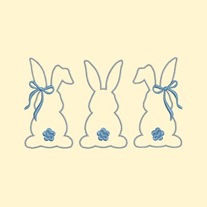 Zestaw 3 haftowanych naszywek z tyłkiem króliczka, uroczy widok z tyłu króliczka z niebieskimi kokardkami