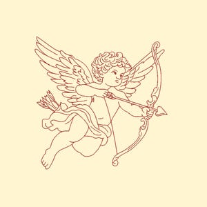 May include: A red-brown embroidered illustration of Cupid, the Roman god of love, on a cream background. Cupid is depicted with wings, a bow, and an arrow, aiming towards the viewer. The design is detailed and delicate, perfect for Valentine's Day.