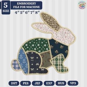 Könnte beinhalten: Eine Stickdatei für eine Maschine mit einem Patchwork-Hasen-Design. Der Hase besteht aus verschiedenen Stoffmustern in Blau-, Grün-, Rosa- und Brauntönen. Die Dateigrößen sind 10.16cm, 12.7cm, 15.24cm, 17.78cm und 20.32cm.