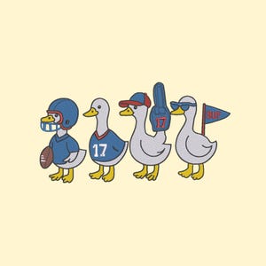 May include: Illustration of four cartoon ducks dressed as football fans. One duck wears a helmet and jersey, holding a football. Another wears a jersey with the number 17. The third duck has a foam finger and baseball cap. The last duck wears sunglasses and holds a flag.