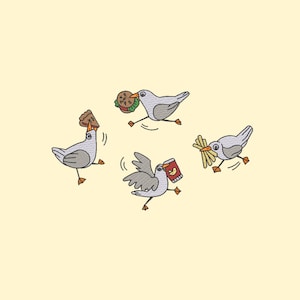 Pode incluir: Um desenho bordado com quatro gaivotas de desenho animado, cada uma carregando um alimento diferente de fast food: um hambúrguer, uma sanduíche, um saco de batatas fritas e um recipiente de lanches. Os pássaros são cinza e brancos, com pés e bicos laranja, em um fundo amarelo claro.