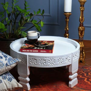 Hand-Carved Indian Chakki Table, Whitewash Wood Ottoman, Boho Ethnic Decor
