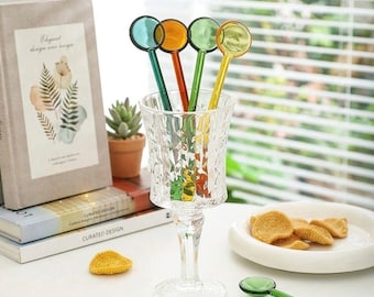 Handcrafted Colorful Glass Stirring Spoon, Round Glass Coffee Tea Stirrer, Long Handle Honey Spoon, Unique Aesthetic Kitchen Gift for Her