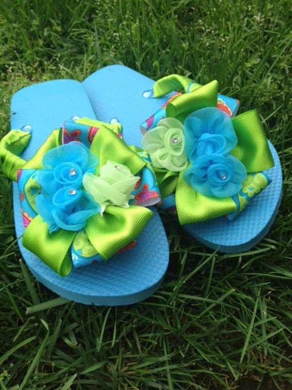 Items similar to Custom made flip flops in lime green and blue. Great ...