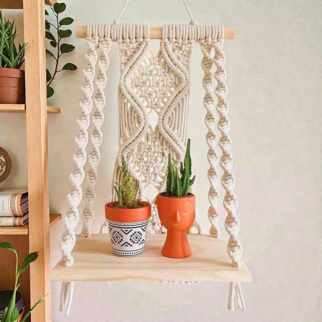 Handmade Macrame Shelf Boho Rope Wall Decor Plant Holder Wood Indoor ...