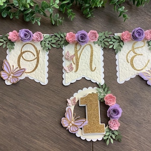 Butterfly Floral 1st Birthday Banner & Cake Topper Set, One high chair banner,floral high chair banner, boho theme, butterfly first birthday