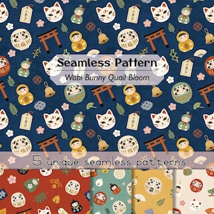 Wabi-Sabi japanska Daruma-berlocker sömlösa mönster, 5 designer för kommersiellt bruk på tyg, lapptäcke, hantverk, papper, digital bakgrund