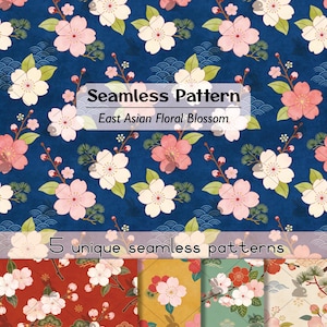 Sömlöst lapptäckemönster med körsbärsblommor och sakura, stugstil, tygomslag, kommersiell licens, digitalt papper