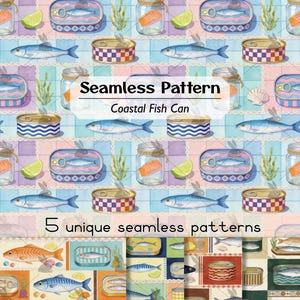Può includere: Un motivo digitale senza cuciture con illustrazioni di pesci, pesce in scatola, barattoli di vetro con fette d'arancia e conchiglie disposti in una griglia. Il design include il testo Seamless Pattern Coastal Fish Can e 5 unique seamless patterns.
