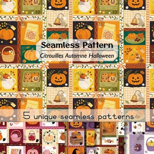 Può includere: Un design digitale a motivo continuo che presenta una griglia di elementi autunnali e di Halloween, tra cui zucche, lanterne, cesti, biscotti, sacchetti di caramelle, campanelle e cappelli da strega in palette di colori arancione, giallo, marrone, viola e rosa.