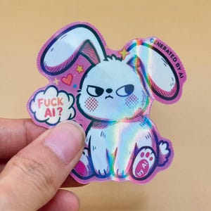 Peut inclure: Un autocollant holographique représentant un lapin blanc de dessin animé avec une expression grincheuse. Le lapin a de longues oreilles, des détails roses sur les joues et une bulle contenant le texte FUCK AI?. Le texte GENERATED BY AI est imprimé.