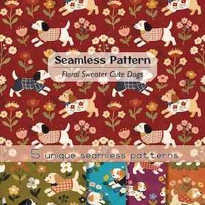Op de afbeelding: Een digitale afbeelding met een naadloos patroon van getekende honden in truien tussen diverse bloemen op een donkerrode achtergrond. De tekst luidt Seamless Pattern Floral Sweater Cute Dogs en 5 unique seamless patterns.