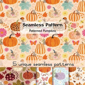 Peut inclure: Un motif sans couture présentant des citrouilles orange, des citrouilles à imprimé léopard et des citrouilles florales entremêlées de papillons, coccinelles, abeilles, lapins et feuilles d'automne sur fond clair avec le texte Seamless Pattern.