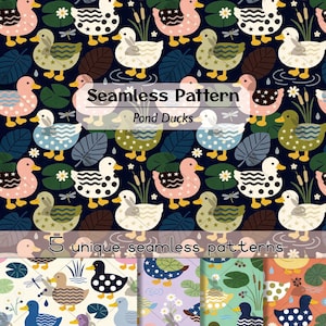 May include: A digital graphic featuring a seamless pattern of pond ducks in various colours including pink, blue, green, and white, decorated with stars, stripes, and dots. The text reads Seamless Pattern Pond Ducks and 5 unique seamless patterns.