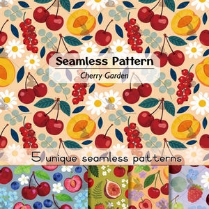 Op de afbeelding: Een digitale afbeelding met een naadloos patroon van kersen, rode bessen, abrikozen en witte madeliefjes op een licht perzikkleurige achtergrond. De afbeelding bevat de tekst Seamless Pattern Cherry Garden en 5 unique seamless patterns.