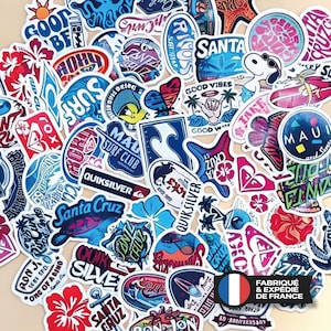 Op de afbeelding: Een verzameling diverse vinylstickers met surf-thema graphics, merknamen zoals Quiksilver en Santa Cruz, hibiscusbloemen en stripfiguren in levendige tinten blauw, roze, rood en wit, verspreid over een lichtgekleurde ondergrond.