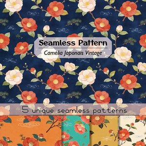 Può includere: Una grafica digitale che presenta cinque motivi senza cuciture di fiori di camelia e aghi di pino su vari sfondi tra cui blu scuro, arancione, verde acqua, oro e crema. Il testo recita Seamless Pattern Camélia Japonais Vintage e 5 unique seamless patterns.