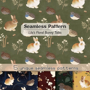 May include: A digital graphic displaying five seamless patterns featuring rabbits and birds on various backgrounds. The main panel shows a green background with rabbits, birds, and floral sprigs. Text reads: Seamless Pattern, Lila's Floral Bunny Tales, 5 unique seamless patterns.