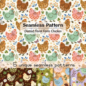 Może przedstawiać: Wzór bezszwowy z kropkowanymi kurczakami, kwiatami, motylami i biedronkami na kremowym tle. Tekst brzmi Seamless Pattern Dotted Floral Farm Chicken oraz 5 unique seamless patterns, prezentując różne palety kolorystyczne.