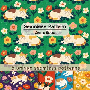 Vintage sömlös katt- och blommönster, lapptäcke, textiltryck, digitalt papper, presentinslagning, kommersiellt bruk, scrapbooking