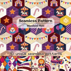 Sömlöst mönster med vintagecirkus, textiltryck och stryklappar, digitalt papper, kommersiell användningslicens